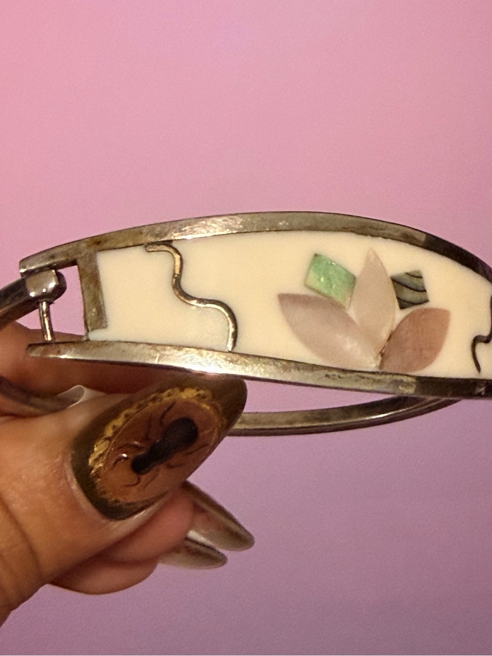 Sterling Silver Inlay Flower Bangle Bracelet White & Pink stamped 925